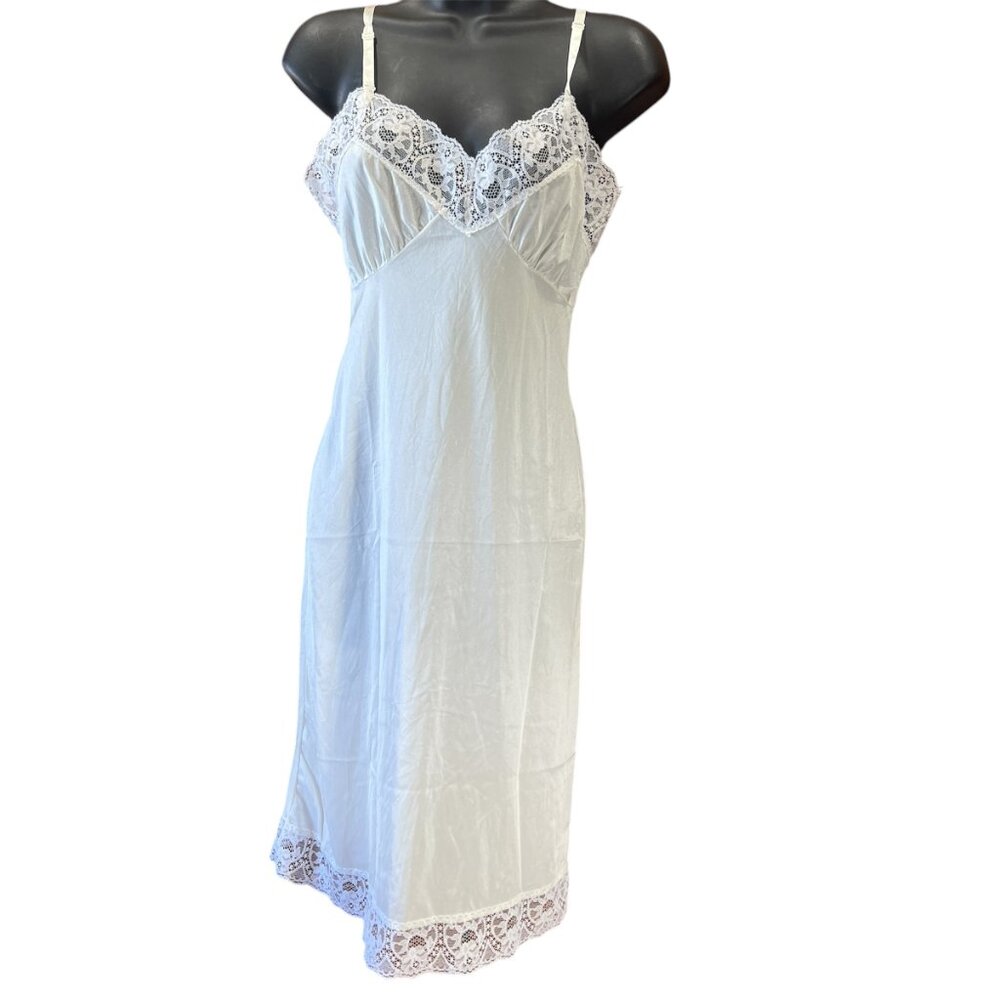 Mel Lin Sz 32 Vintage 70s White Full Slip Dress Satin Lace Made in USA Coquette